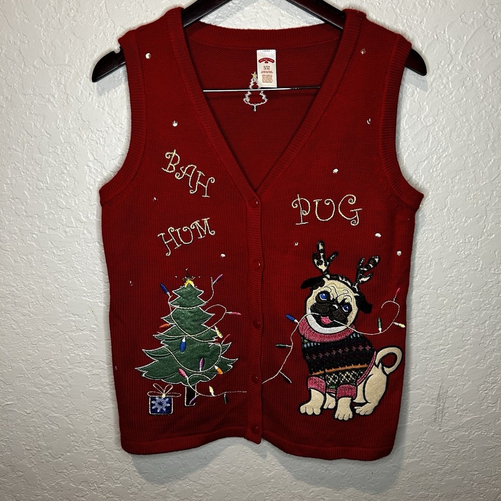 Holiday Time Christmas Sweater Vest M 8 - 10 Bah Hum Pug Dog Ugly